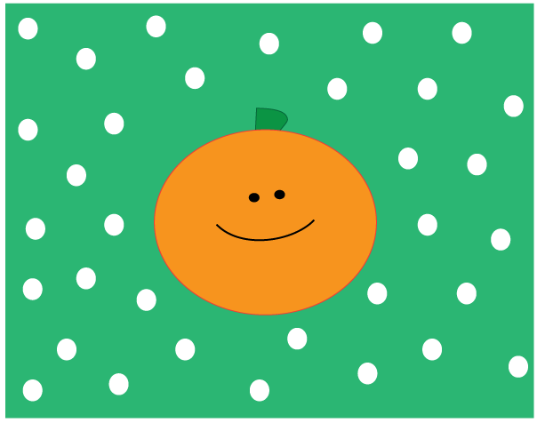 Smiling orange fruit with green leaf on dotted green background