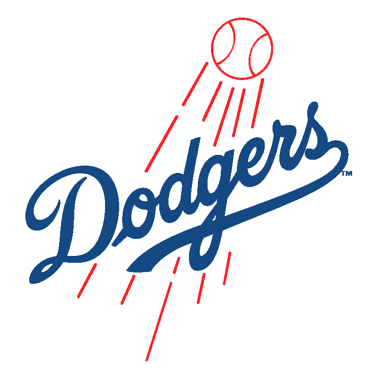 Los Angeles Dodgers logo featuring blue cursive "Dodgers" text with a red baseball and motion lines above.