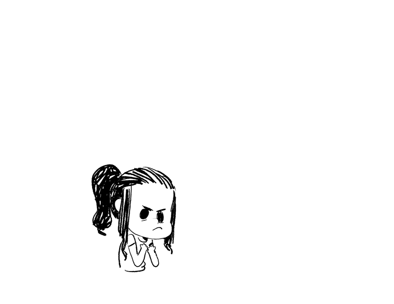 Chibi-style cartoon girl with ponytail, furrowed brows, and arms crossed in frustration or skepticism.