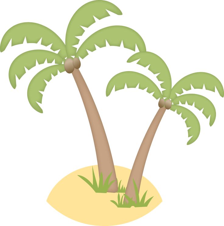 Two stylized palm trees with coconuts growing from a sandy mound with grass, cartoon illustration.