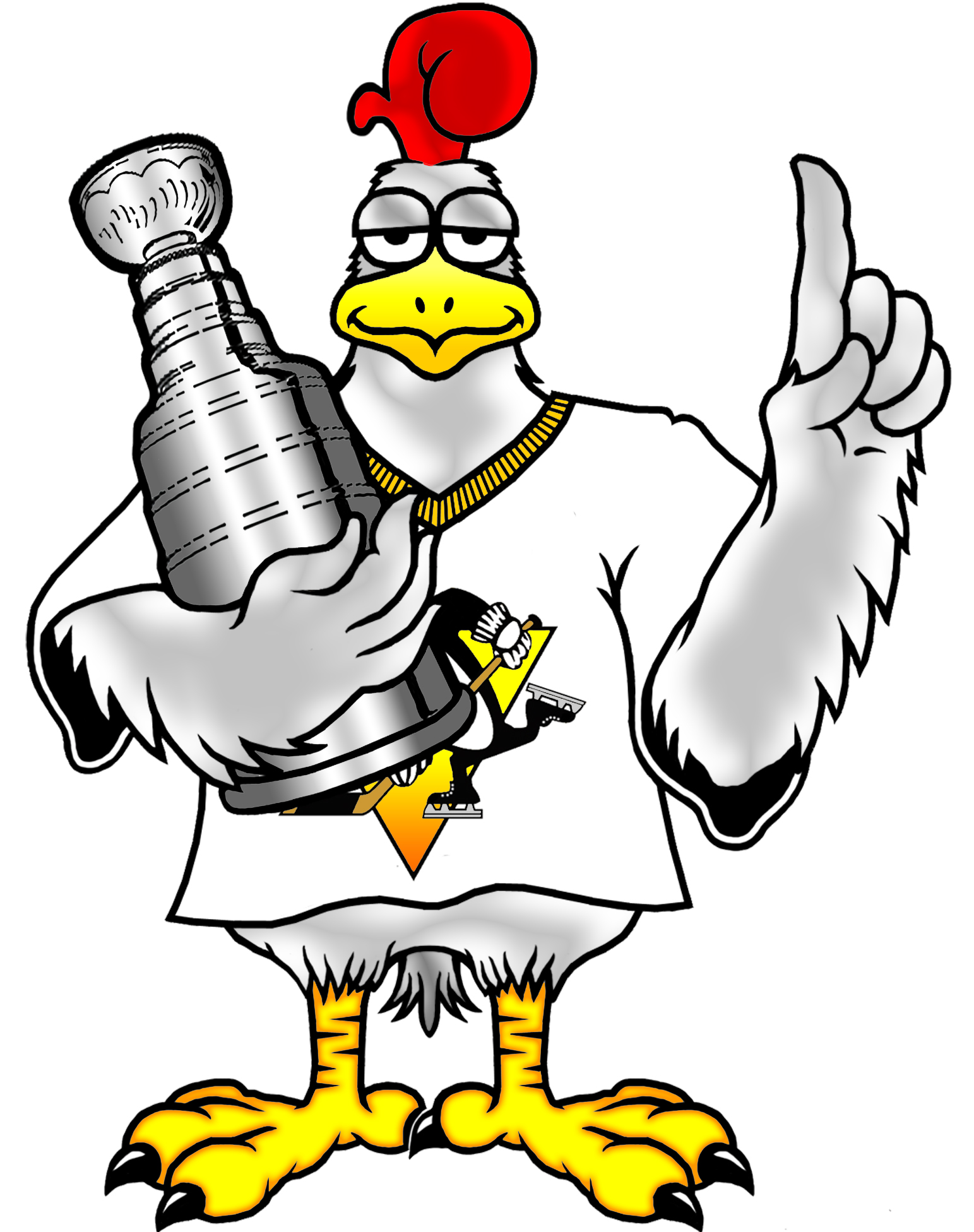 Cartoon rooster mascot in hockey jersey holding Stanley Cup and pointing upward with confident expression.