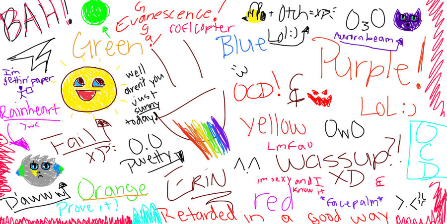 Colorful handwritten doodle with emoticons, color names, math equations, and playful phrases like "BAH!", "LOL :)", and "Rainheart".