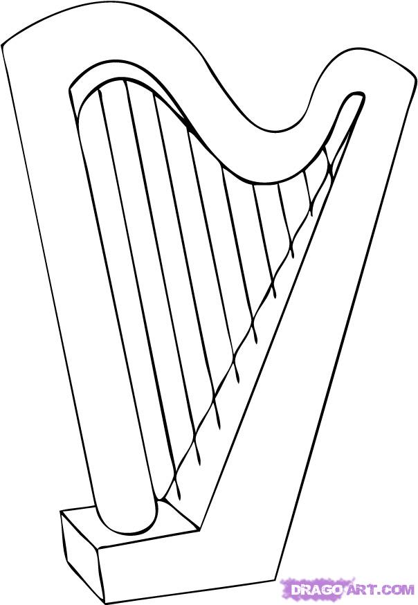 How to Draw a Harp, Step by Step, String, Musical Instruments 
