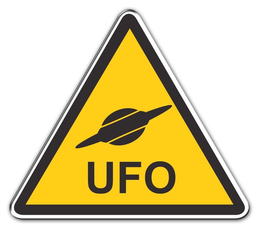 Yellow triangular warning sign with black UFO icon and "UFO" text below.