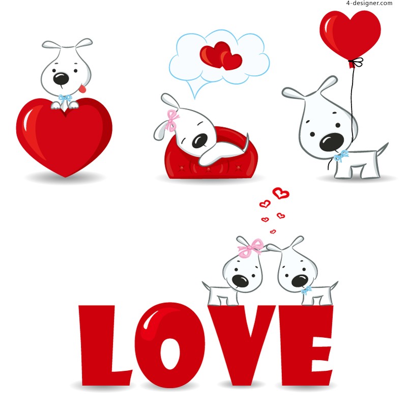 Cute white cartoon dogs in love-themed scenes with red hearts, balloons, and the word "LOVE"