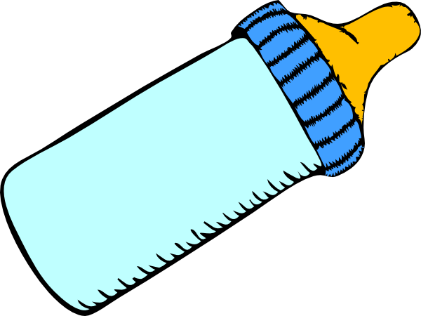 Illustration of a baby bottle with light blue liquid, blue striped collar, and yellow nipple, angled diagonally on white background.