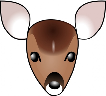 Cute cartoon fawn face with large ears, expressive eyes, and open mouth on white background.