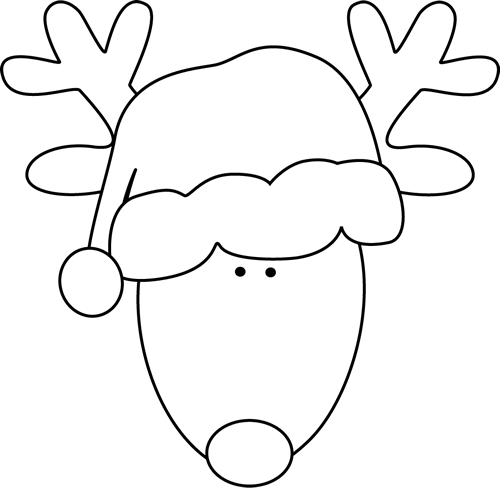 Black and White Reindeer Head and Santa Hat Clip Art - Black and 