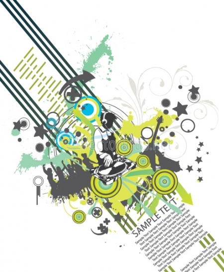 Vibrant graffiti-style vector illustration of a DJ spinning records with crowd silhouettes, splashes, stars, and dynamic green-yellow-blue graphics.
