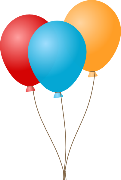 Three colorful balloons-red, blue, and orange-tied together with strings, floating upward in celebration.