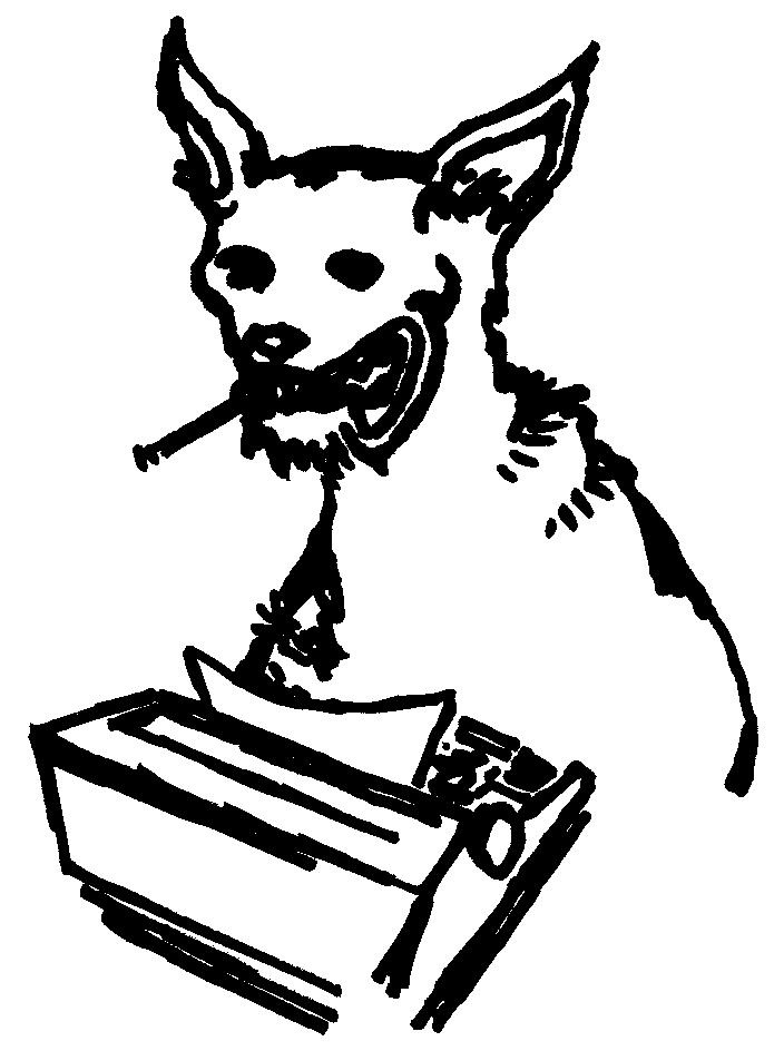 A cartoon dog with a cigar in its mouth types on a vintage typewriter.
