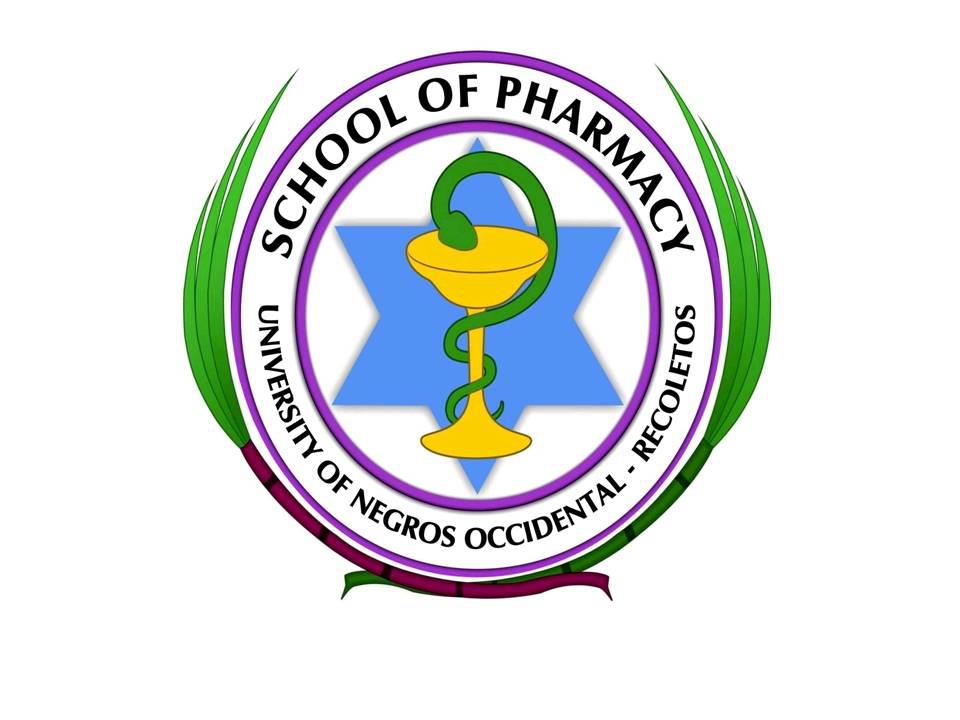 Official emblem of the School of Pharmacy, University of Negros Occidental - Recoletos, featuring a caduceus and Star of David.
