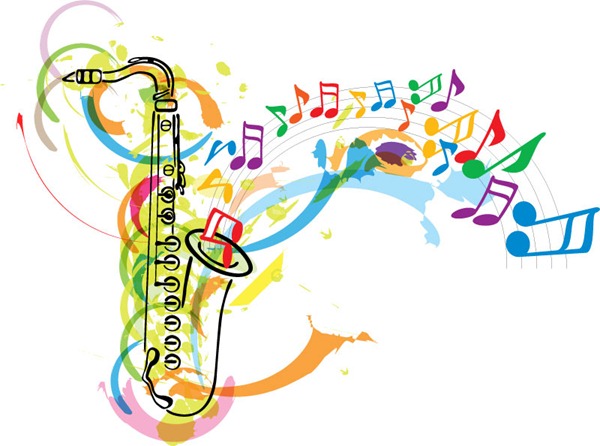 Colorful abstract illustration of a saxophone with swirling musical notes and vibrant paint splashes.