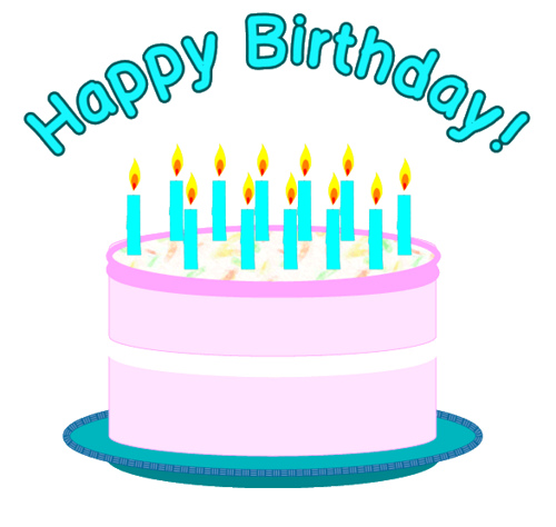 Pink birthday cake with ten lit blue candles and "Happy Birthday!" text above.