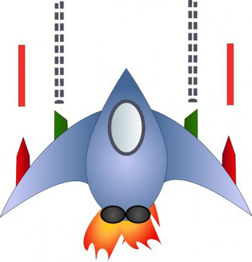 Blue cartoon rocket with sunglasses launching upward through red and green obstacles.