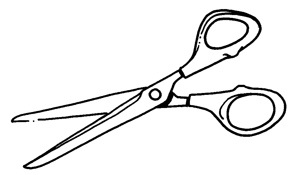 Black-and-white line drawing of a pair of open scissors with ergonomic handles and sharp blades.
