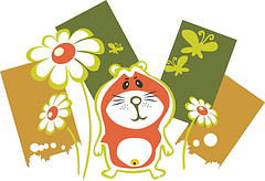 Cheerful cartoon hamster with white flowers and green/brown paper cutouts in a playful, scrapbook-style illustration.