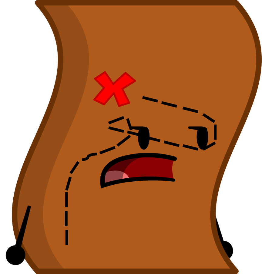 A cartoon treasure map with a red X, dashed path, and surprised face expression.