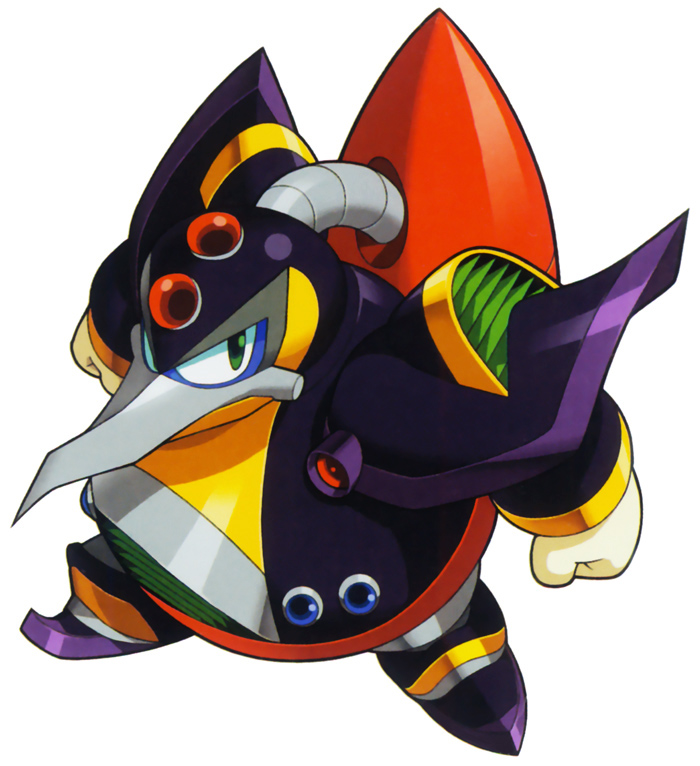 A stylized robotic bird-like character with purple armor, orange beak, red eyes, and a large orange fin, posed dynamically mid-action.