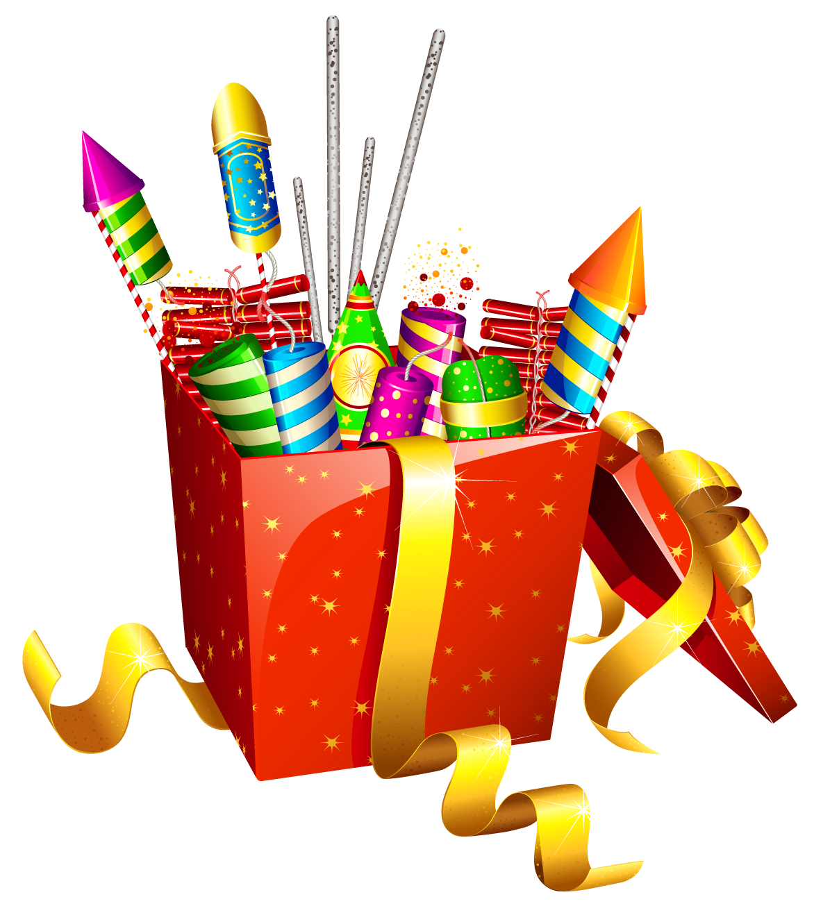 Red Present Box with Fireworks PNG Clipart