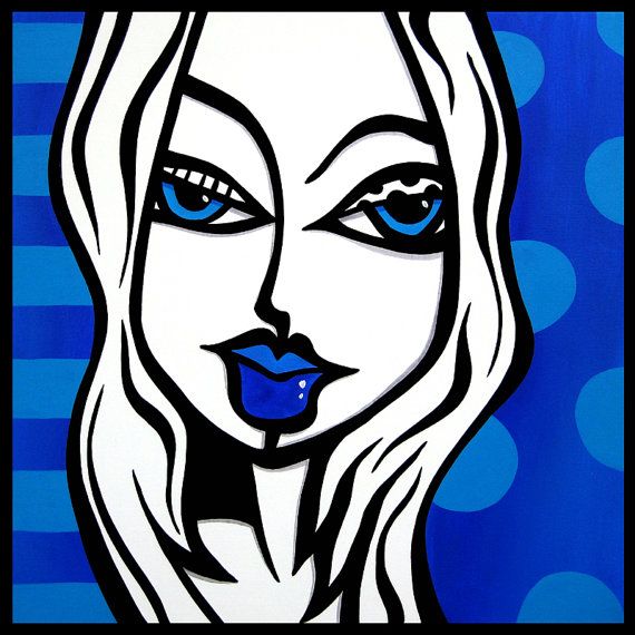 Bold pop-art portrait of a woman with blue eyes and lips, white hair, against a vibrant blue striped and polka-dotted background.