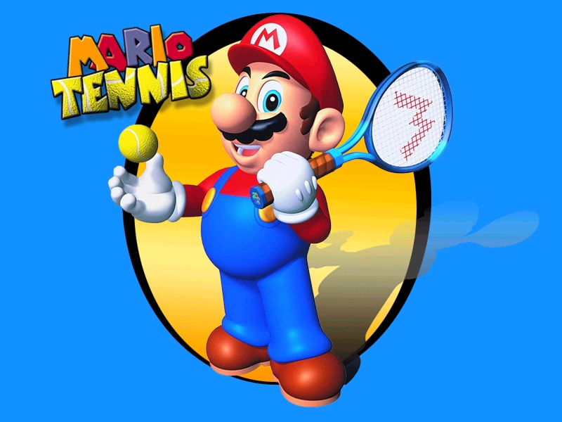 Mario in red cap and blue overalls holding a tennis racket and ball, with "Mario Tennis" logo.