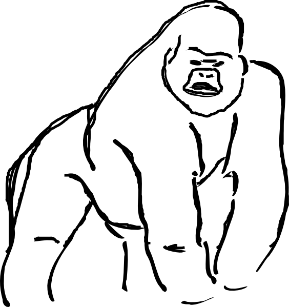 Black-and-white line drawing of a gorilla in a powerful, upright stance with an expressive face.