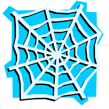 White stylized spider web on bright blue background, cartoon-style with bold black outlines.