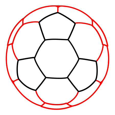 Classic black-and-white soccer ball with red outer seam outline, vector-style illustration.
