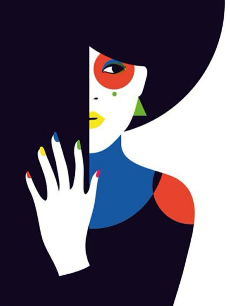 Abstract illustration of a woman with bold geometric makeup, colorful nails, and a dramatic black bob hairstyle peeking from behind her hand.