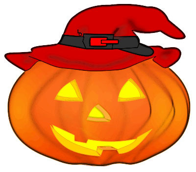 Carved orange jack-o'-lantern wearing a red witch hat with black buckle, glowing yellow eyes and smile.