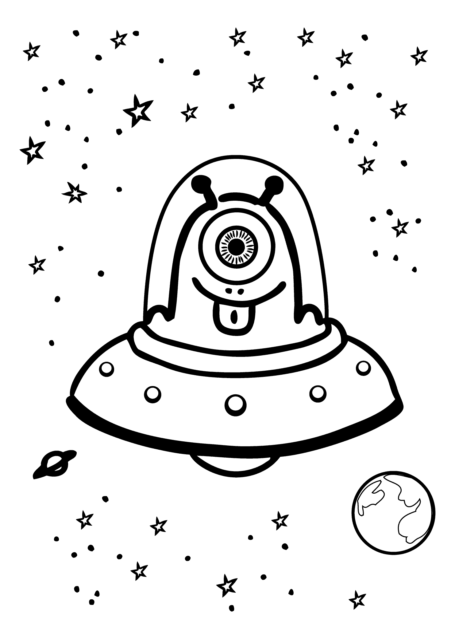 Funny alien in UFO – Coloring page for kids