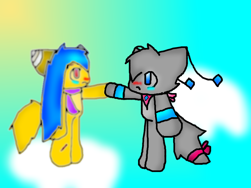 A yellow pony with blue mane and a gray cat-like character in a dynamic pose, sharing an emotional moment against a soft gradient sky.
