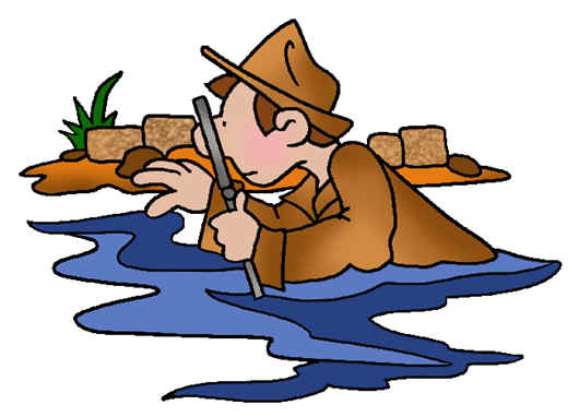 A cartoon detective in a brown trench coat and fedora wades through water, examining clues with a magnifying glass near rocks and plants.