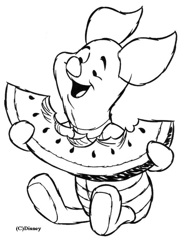 Piglet from Winnie the Pooh joyfully holding two watermelon slices, smiling with delight.