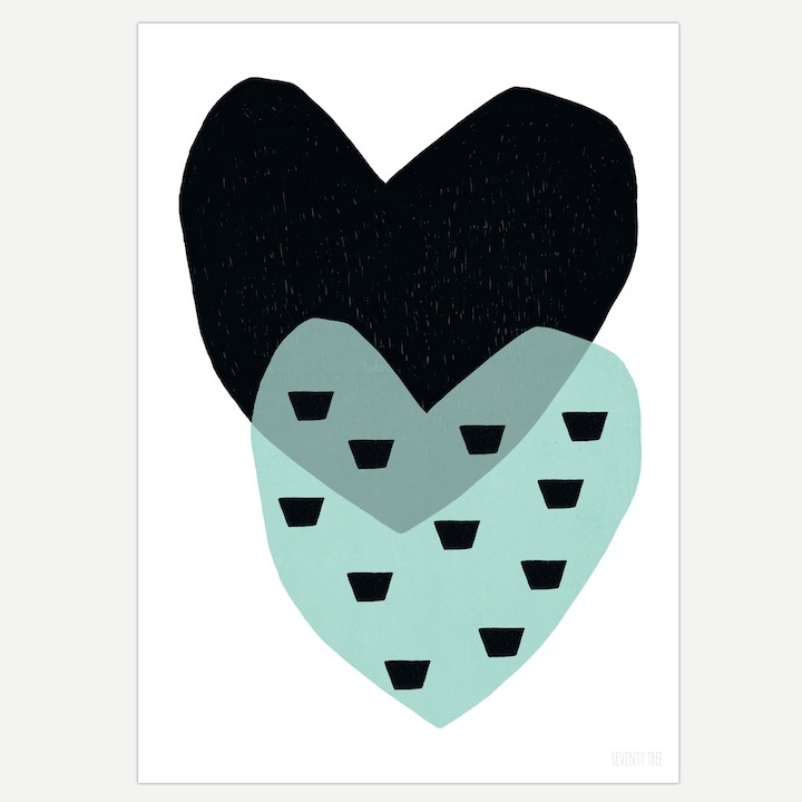 Abstract minimalist heart artwork with black and mint green layered shapes and geometric cutouts.