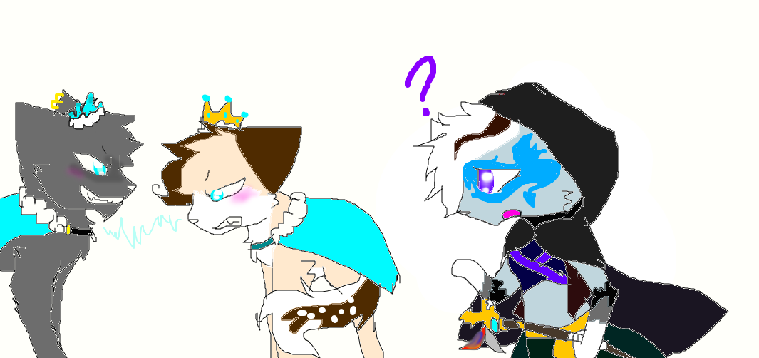 Three anthropomorphic characters in a tense confrontation: a gray wolf, a crowned feline, and a hooded figure with blue face paint and a question mark.