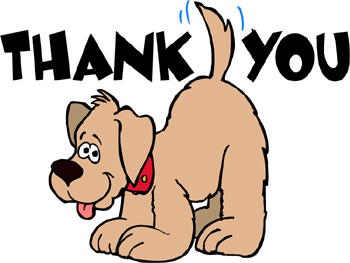 Cute cartoon dog bowing with "THANK YOU" text above, wearing red collar, tongue out.
