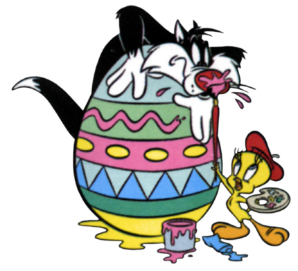 Sylvester the Cat and Tweety Bird collaboratively paint a colorful Easter egg, with paint splatters and expressive cartoon antics.