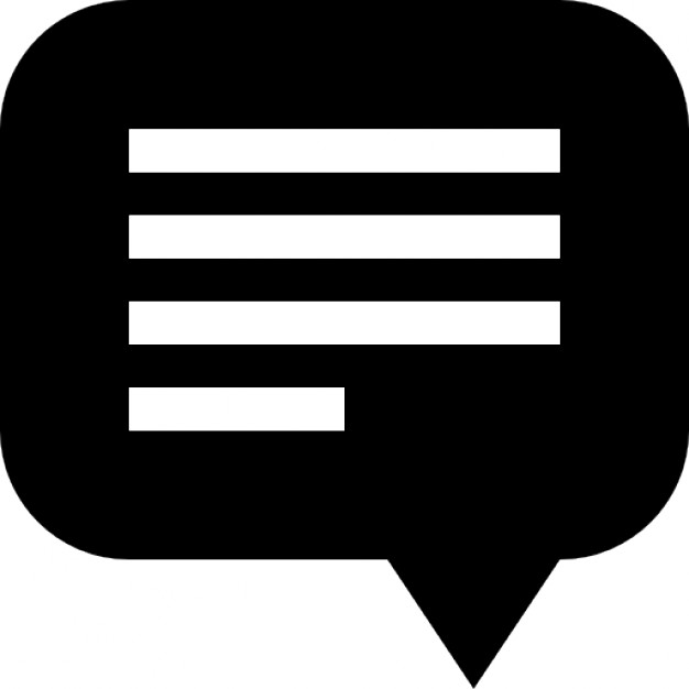 Black speech bubble icon with four white horizontal lines representing text inside.
