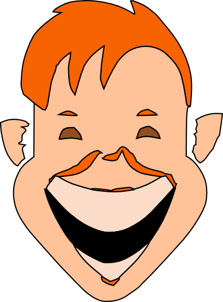 Cartoon boy with orange hair, wide grin, and joyful expression, stylized vector illustration.
