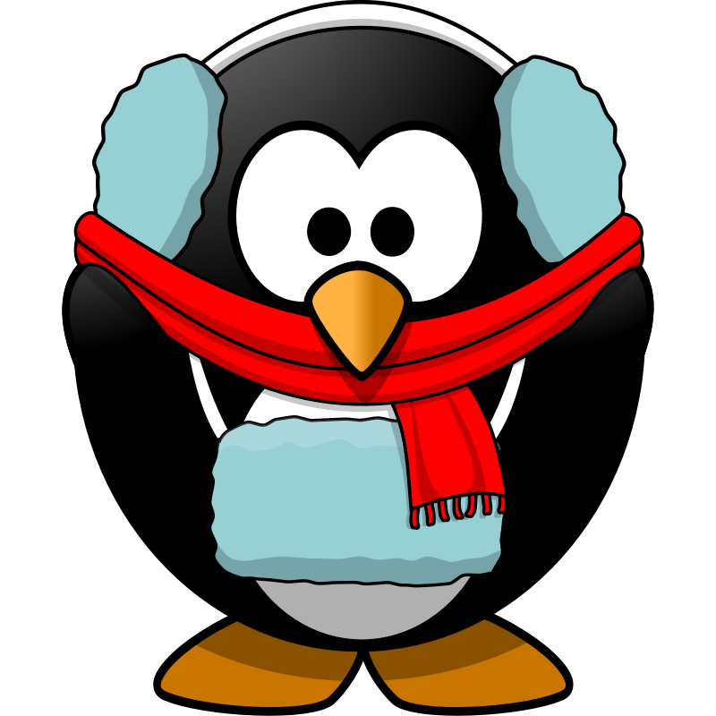 Cartoon penguin with red scarf, wide eyes, and cheerful expression against black background.