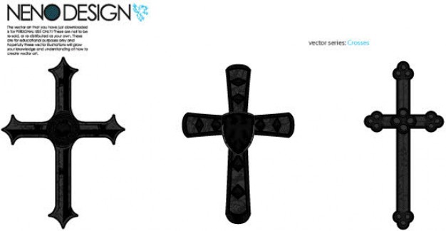 Three ornate black cross vector designs with decorative patterns and varying styles on white background.