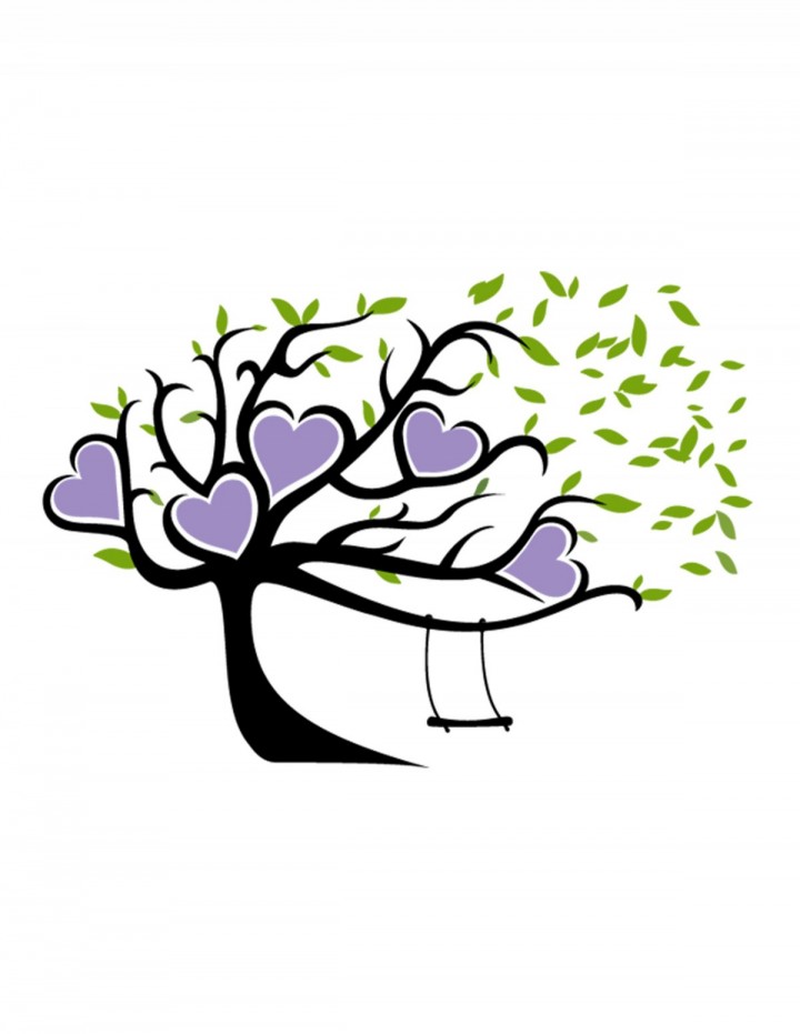 Stylized black tree with purple heart-shaped leaves and a swing, symbolizing love and nature.