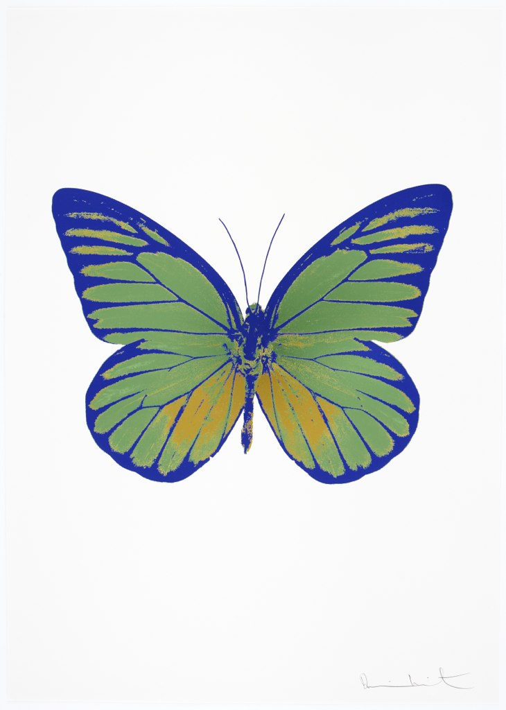 Vibrant blue, green, and yellow butterfly artwork in pop art style with bold outlines and signature bottom right.