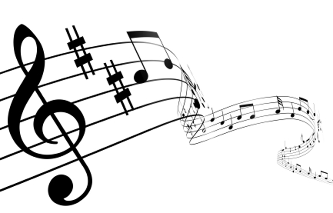 Black and white musical staff with treble clef and flowing notes on a white background.