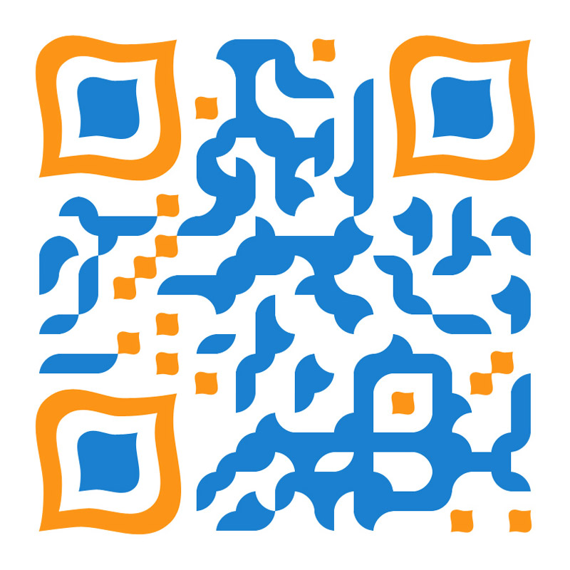 Stylized QR code with blue and orange ornamental patterns on white background
