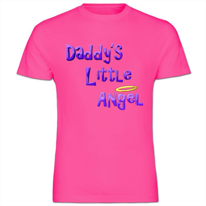 Bright pink t-shirt with "Daddy's Little Angel" in purple 3D text and a yellow halo graphic.