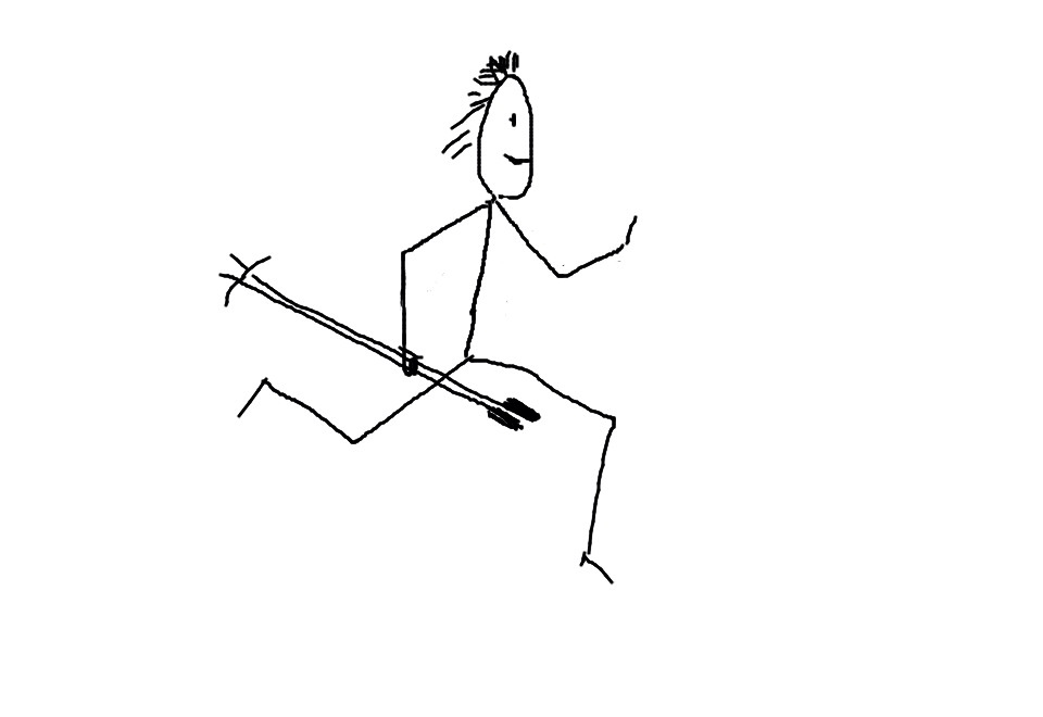 Stick figure running with a bow and arrow, drawn in simple black lines on white background.
