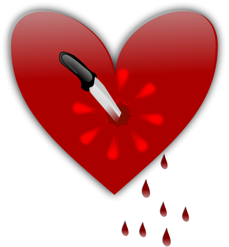 A red heart pierced by a knife with blood droplets falling, symbolizing emotional pain or heartbreak.